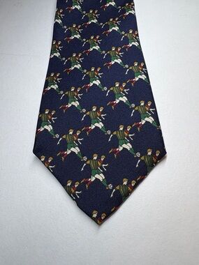 Class Club Young Men’s Navy Patterned Silk Tie - Navy Multicolor Soccer Motif